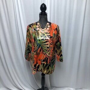 Toni Morgan Top Womens Size Medium Shiny Floral Tropical Colorful Stretchy Party